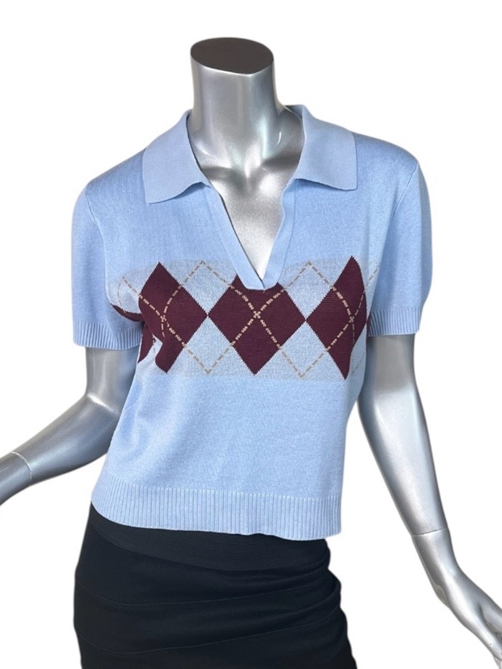 Forever 21 Light Blue Argyle Knit V Neck Short Sleeve Stretch Soft Sweater XL